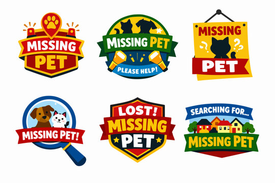Missing pet badges collection, helping find lost animals, encouraging community search and volunteer efforts