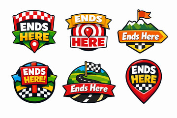 Naklejka premium Ends here badge collection featuring racing, finish line, destination, and goal concept icons