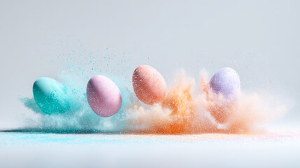 Fototapeta premium Pastel colored eggs creating a dynamic cloud of soft powder. Vibrant colors celebrating Easter and spring concepts