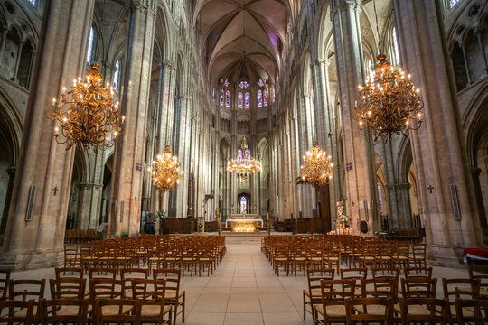 The illuminated nave inside Saint-Etienne cathedral in Bourges - France