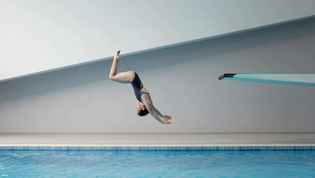 Diver Performing a Backflip Off the Diving Board Above the Pool Surface