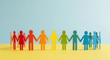 Fototapeta premium Paper human figure in circle, diverse colors, hands joined, standing on yellow surface, representing unity, diversity, and collaboration, against blue