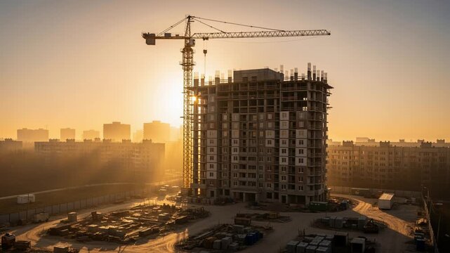 Construction site featuring highrise with crane and blueprints review