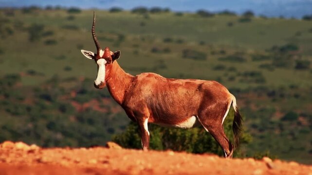 A portrait of a beautiful Blesbok antelope with one horn standing alert in the grassy hills of South Africa.