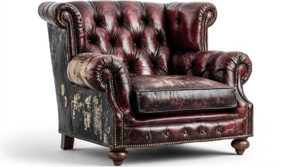 Naklejka premium Elegant vintage tufted leather armchair in a rich burgundy color isolated on a clean white background.