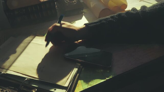 Warm shadows fall over a person transcribing data from a vintage road map into notes, with a modern smartphone visible. Hybrid research theme.