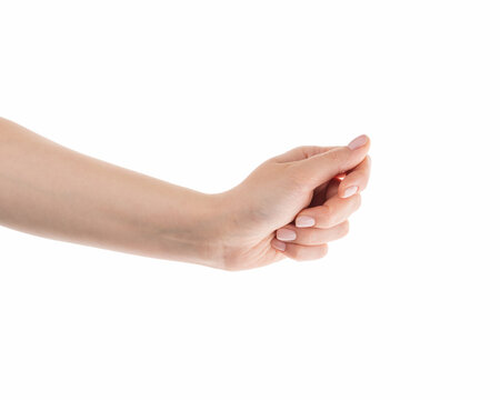 Young woman hand to hold something isolated on white background