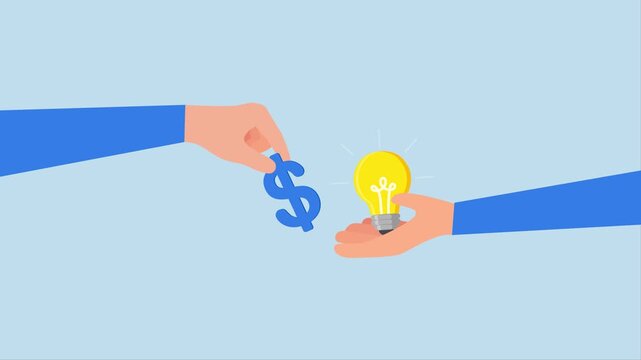 Funding startup idea, 4k animation of Businessman hands over  dollar bill to support bright business idea