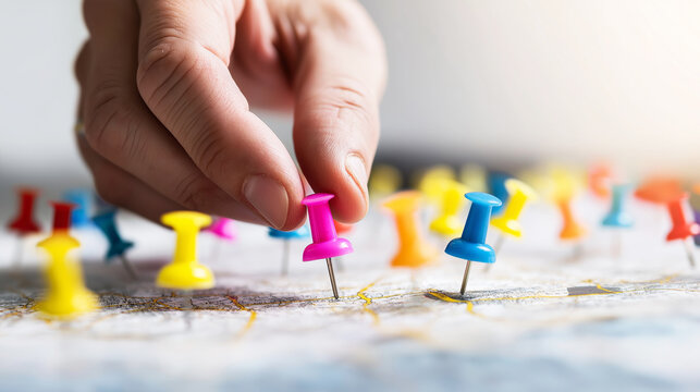 Hand placing pink push pin on paper city map, marking a destination for travel planning and future adventures