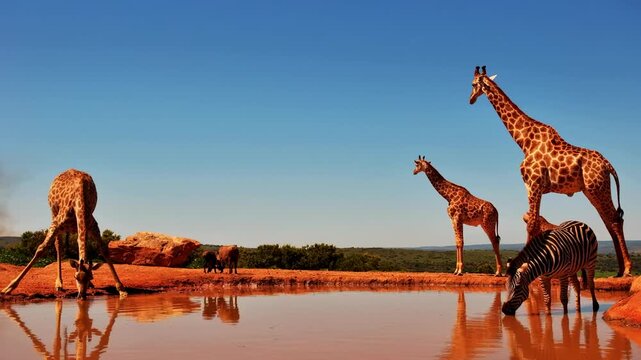 Giraffes and a zebra share a watering hole under a clear blue sky.