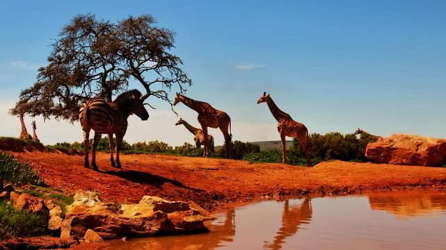 Zebras and giraffes gather at a watering hole in the South African savanna.