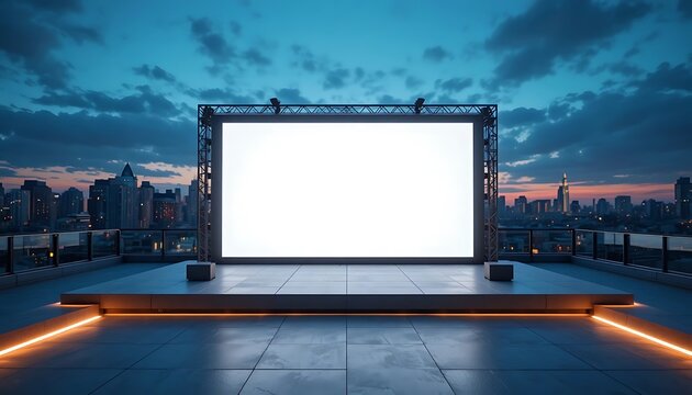 Modern outdoor stage with large blank white screen on city rooftop at dusk mockup