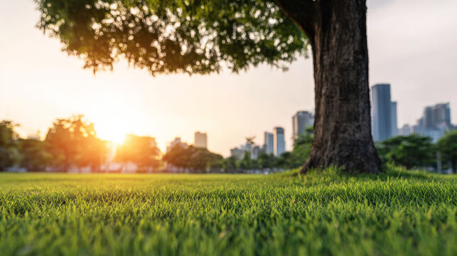 Lush green grass under a large tree trunk at sunset, urban park tranquil nature scene with city skyline
