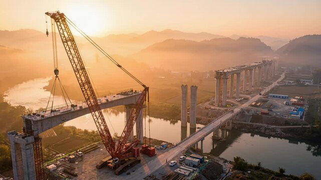 Heavy machinery and engineering team working at sunrise site
