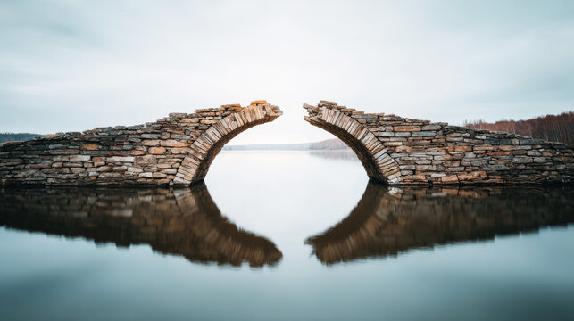 Old stone bridge broken over calm water showing separation, connection, and a journey into the unknown