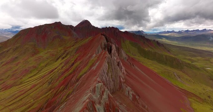 Scenic tourist landmark of Pallay Punchu (Rainbow Mountain) in Layo, Peru. Drone