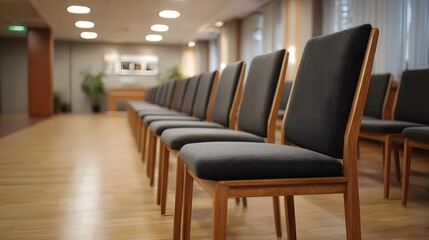 Fototapeta premium Rows of empty modern chairs in a well lit conference hall viewed from a dynamic perspective