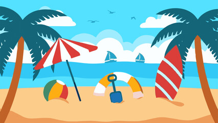 Obraz premium Flat summer beach illustration with palm trees, umbrella, surfboard, and ocean view in cartoon style.