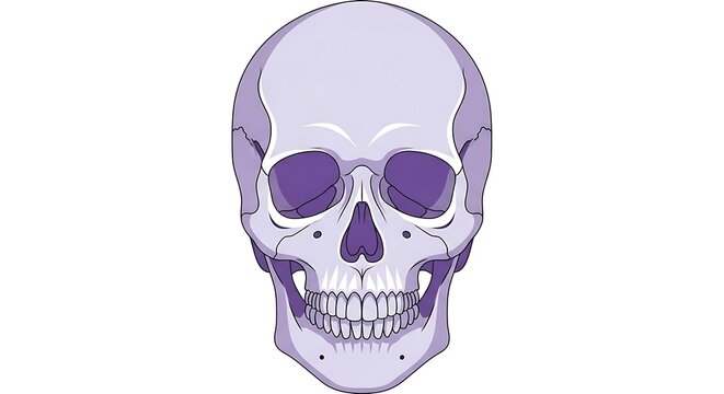 Human skull illustration with purple eyes.