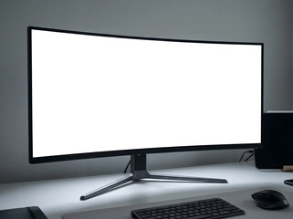 Fototapeta premium Ultrawide curved monitor mockup, blank white screen on desk, modern office workspace, minimalist desk setup with keyboard and mouse, pc display for website presentation, digital workplace, tech setup.