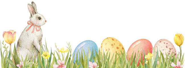 Naklejka premium Watercolor border with rabbit, easter eggs and grass isolated on white background. Perfect for card making, party invitations, wedding, stationery, greeting cards, D.I.Y. and other..
