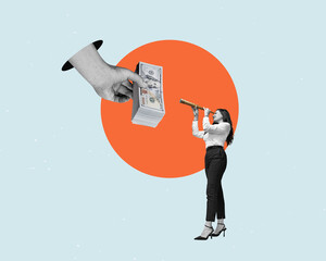 Signpost - business woman with telescope. Business analytics - earn money.