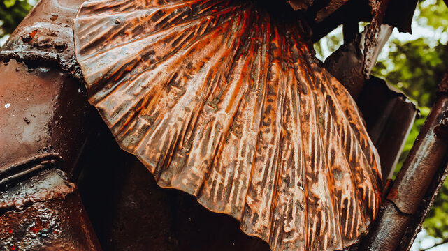 Decorative copper shell closeup with engraved metallic texture