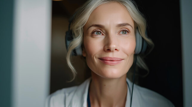 Middle-aged woman having a hearing test in an audiologist's sound booth, headphones on, medical examination, hearing screening, healthcare services, ENT diagnostics, with copy space.