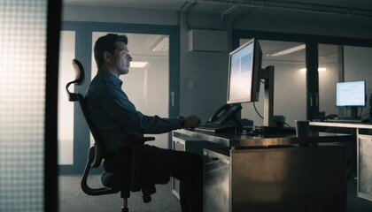 Fototapeta premium Surveillance room officer calmly reviewing steady lowvolume trading alerts on monitor with the quiet market ambiance softly fading in the background.