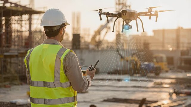 Aerial drone scans construction area amid sunset glow and dust