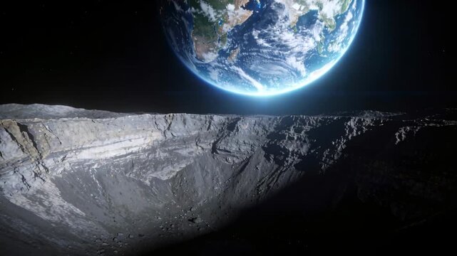 Large impact crater occupying frame while camera slowly revealing Earth above moonscape horizon