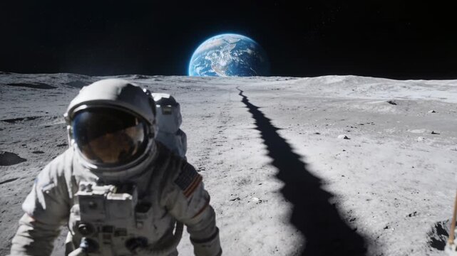 Walking astronaut in white EVA suit spotting landing structure, approaching on Moon climbing ladder