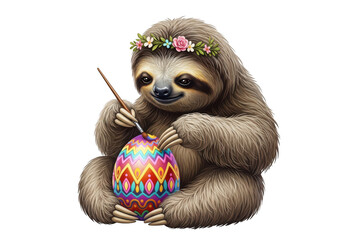 Fototapeta premium Adorable sloth wearing a delicate flower crown, meticulously painting a large, vibrantly patterned Easter egg with a small brush, isolated on transparent background.