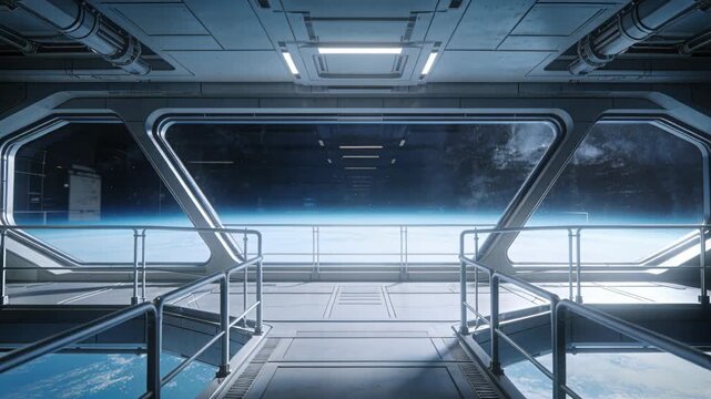 Engaging camera dolly pushing ahead showing deck rails window inside orbital bay for planet view
