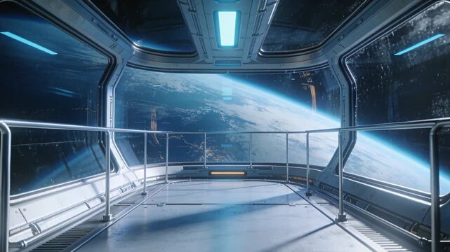 Pulling back camera revealing station viewing bay to show more Earth in curved viewport and rails