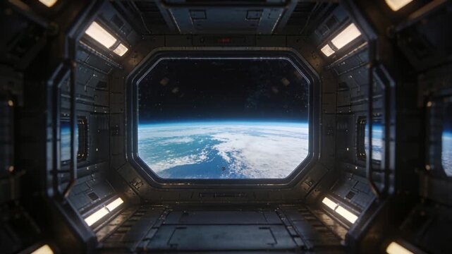 Spacecraft corridor and octagonal viewport approaching as camera advances, revealing Earth rising