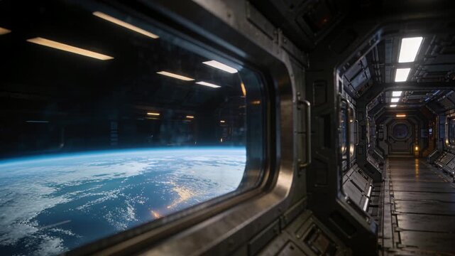 Camera tracking forward showing corridor and port framing Earth, lights reflecting, showing space