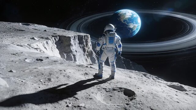 Astronaut shifting and tilting visor at rim activating HUD rings expanding for surveying planet