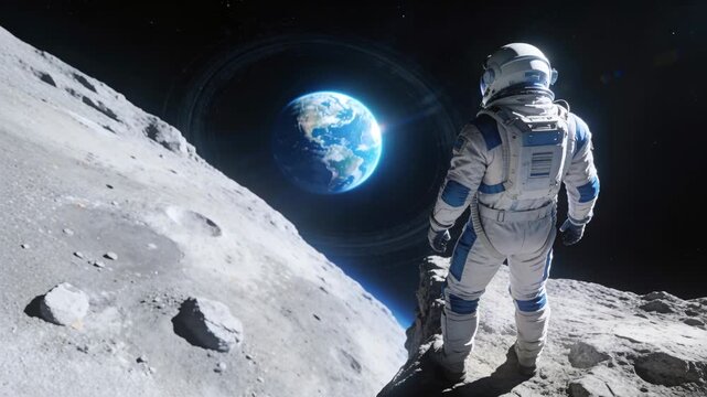 Watching astronaut in white-blue EVA suit reacting to Earth rising and shifting stance, copy space