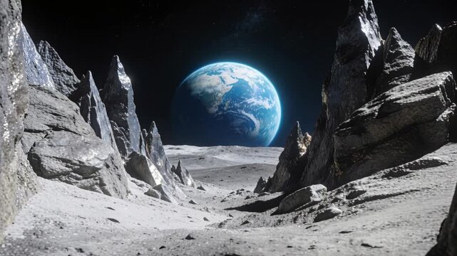 Starting camera push revealing regolith and jagged spires in lunar valley, framing Earth enlarging