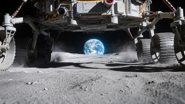 Lunar lander moving across lunar surface, wheels kicking regolith dust toward Earth