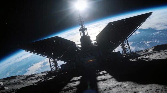 Tilting camera revealing large winged lander on lunar surface for scale, Sun flare deepening shadow