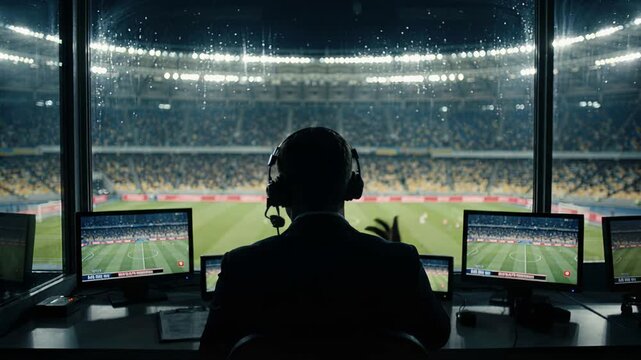 Operator analyzes match footage through various display screens attentively