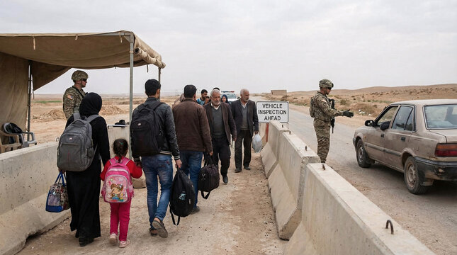 People walk through a desert checkpoint with soldiers and concrete barriers, suggesting travel or displacement in an arid region.