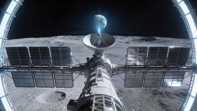 Powering station dish sending blue signal toward Earth over lunar surface, ring brightening