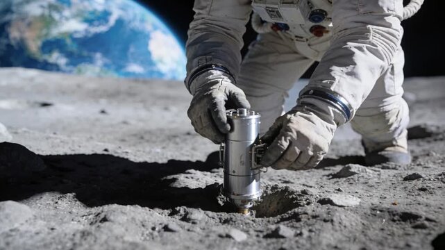 Selecting site, astronaut in white suit coring on lunar plain, sampling soil with Earth on horizon