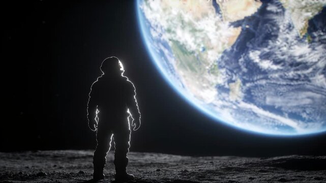 Male astronaut standing on cratered moon surface wearing bulky spacesuit and backpack, copy space