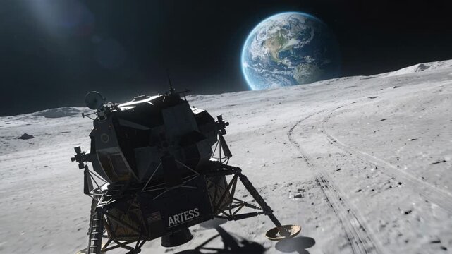 Lunar lander labeled ARTESS sitting on lunar plain showing ladder, rover tracks, Earth rising