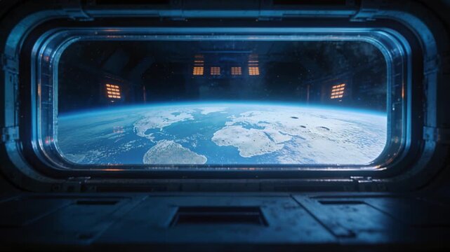 Drifting spacecraft shifting viewport in cockpit, showing Earth and orange console lights