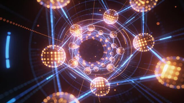 Pushing camera forward, toroid rings of orange nodes rotating, trailing blue beams into dark void